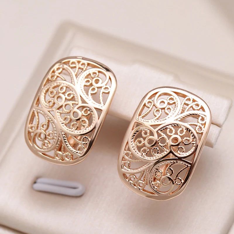 Sophisticated 585 Rose Gold Geometric Metal Earrings with Creative Hollow Flower Design