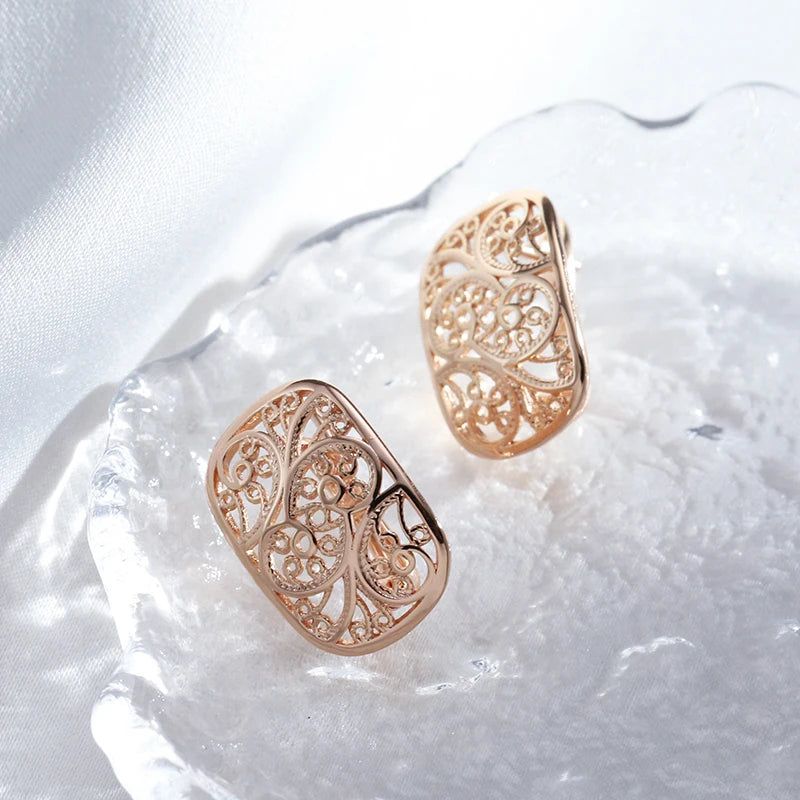 Sophisticated 585 Rose Gold Geometric Metal Earrings with Creative Hollow Flower Design