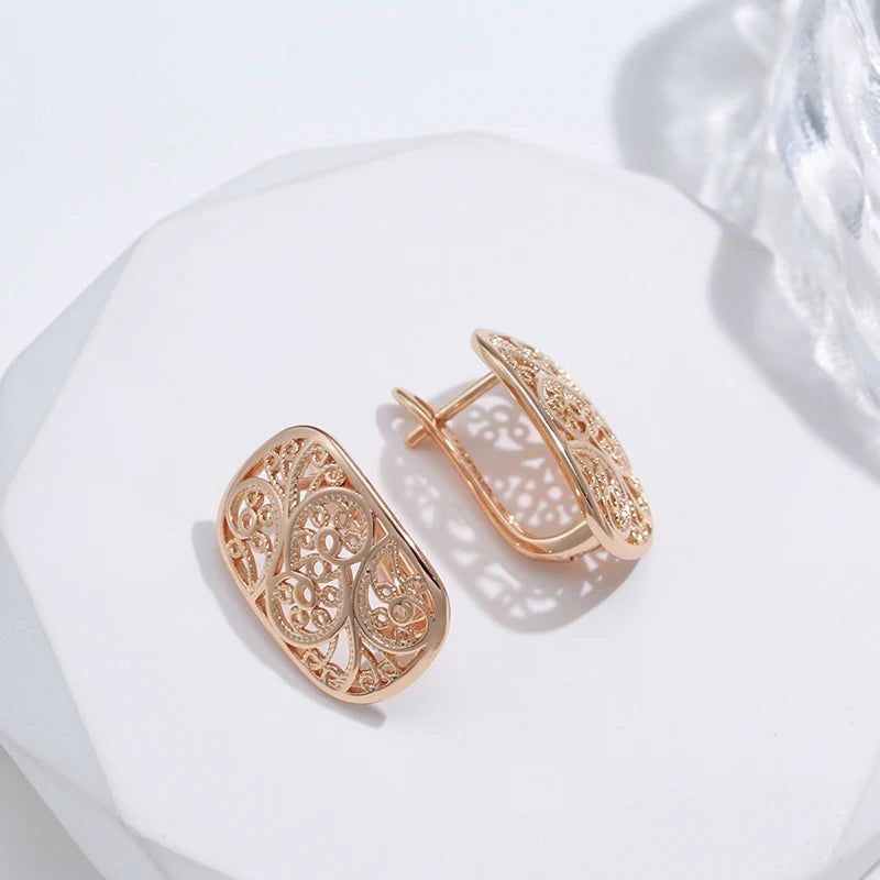 Sophisticated 585 Rose Gold Geometric Metal Earrings with Creative Hollow Flower Design