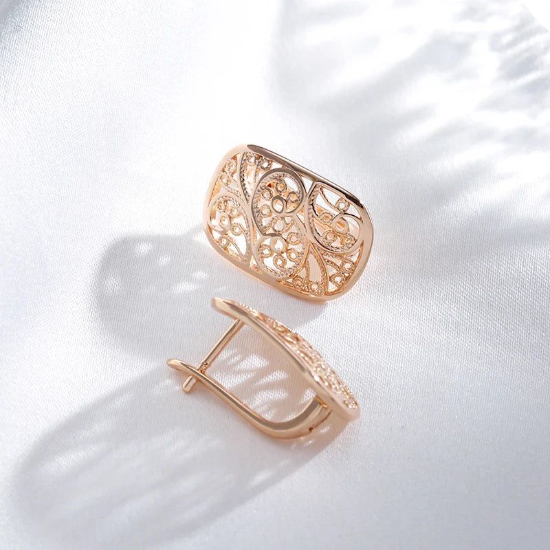 Sophisticated 585 Rose Gold Geometric Metal Earrings with Creative Hollow Flower Design