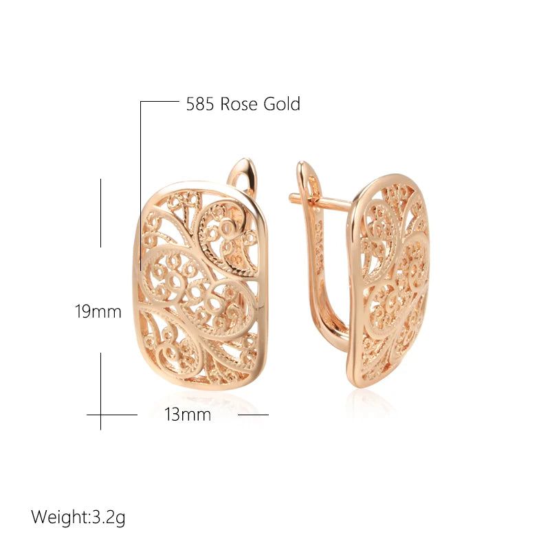 Sophisticated 585 Rose Gold Geometric Metal Earrings with Creative Hollow Flower Design