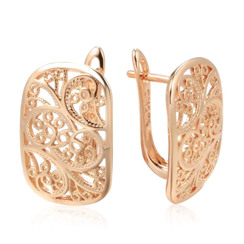 Sophisticated 585 Rose Gold Geometric Metal Earrings with Creative Hollow Flower Design