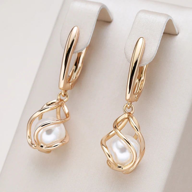 Sophisticated 585 Rose Gold Geometric Pearl Drop Earrings for Bridal and Special Occasions