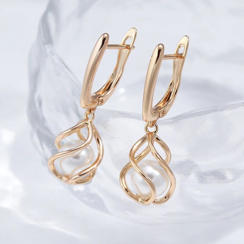 Sophisticated 585 Rose Gold Geometric Pearl Drop Earrings for Bridal and Special Occasions