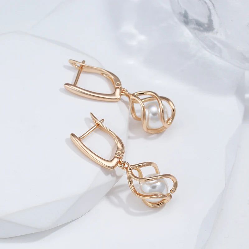 Sophisticated 585 Rose Gold Geometric Pearl Drop Earrings for Bridal and Special Occasions