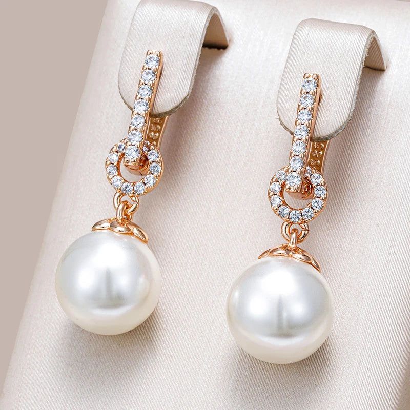 Sophisticated 585 Rose Gold Geometric Pearl Drop Earrings with Natural Zircon Accents