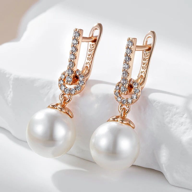 Sophisticated 585 Rose Gold Geometric Pearl Drop Earrings with Natural Zircon Accents