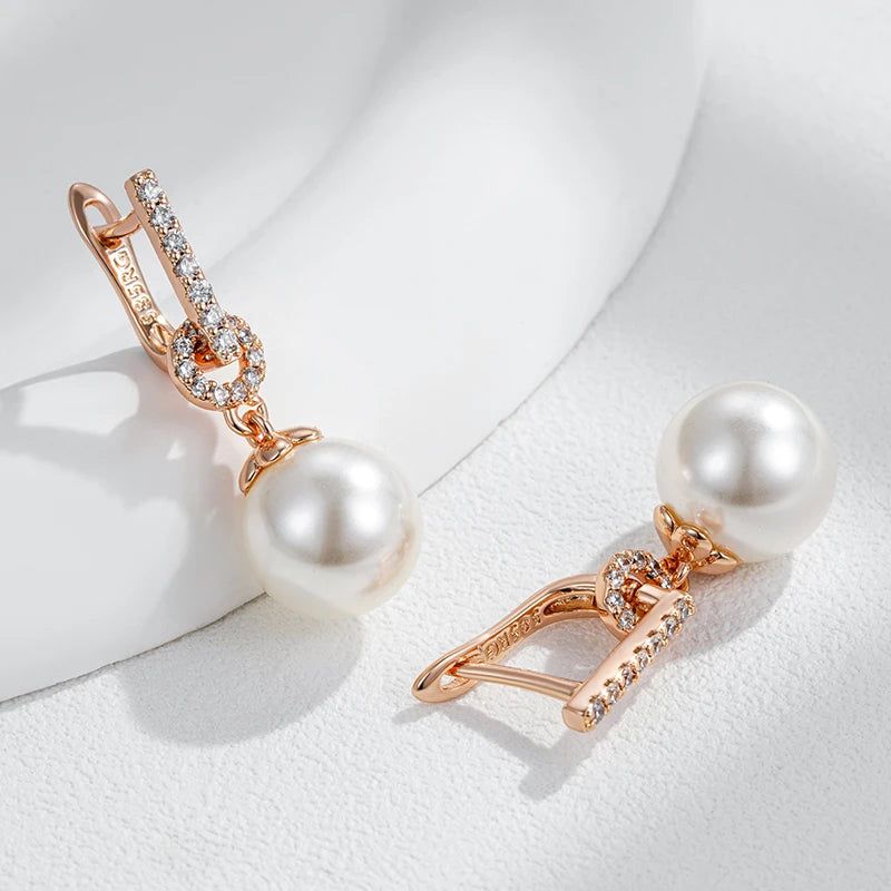 Sophisticated 585 Rose Gold Geometric Pearl Drop Earrings with Natural Zircon Accents