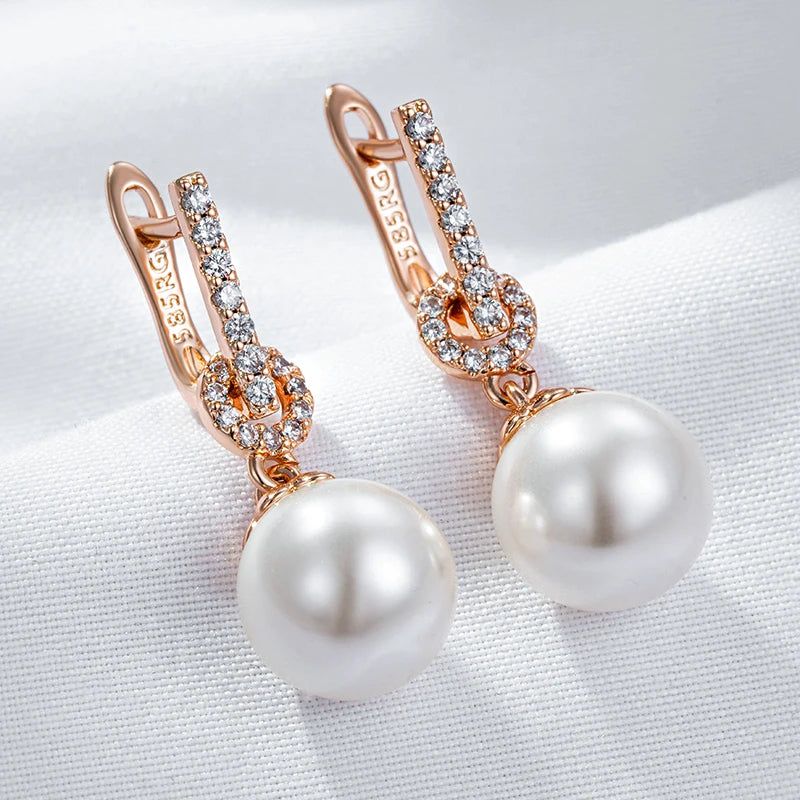 Sophisticated 585 Rose Gold Geometric Pearl Drop Earrings with Natural Zircon Accents