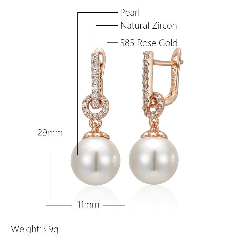 Sophisticated 585 Rose Gold Geometric Pearl Drop Earrings with Natural Zircon Accents