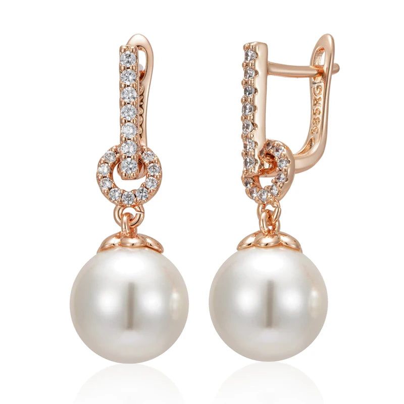 Sophisticated 585 Rose Gold Geometric Pearl Drop Earrings with Natural Zircon Accents