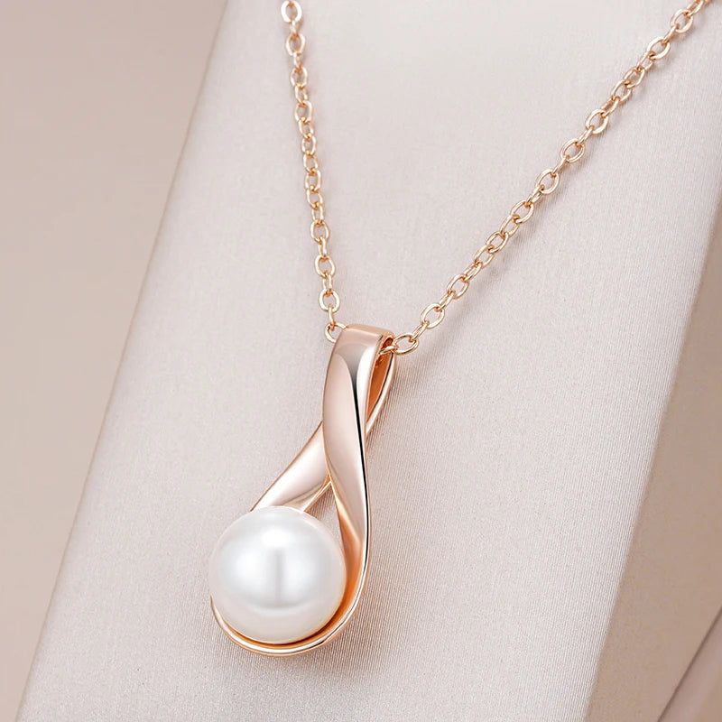 Sophisticated 585 Rose Gold Geometric Pendant Necklace with Pearls for Bridal and Special Occasions