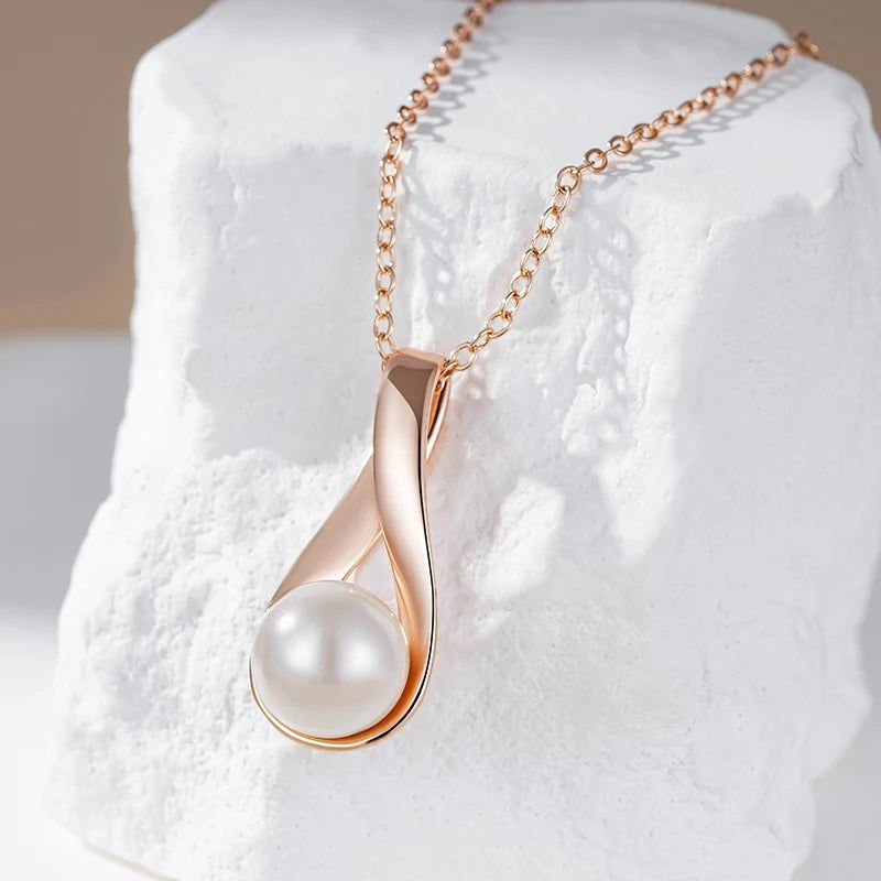 Sophisticated 585 Rose Gold Geometric Pendant Necklace with Pearls for Bridal and Special Occasions