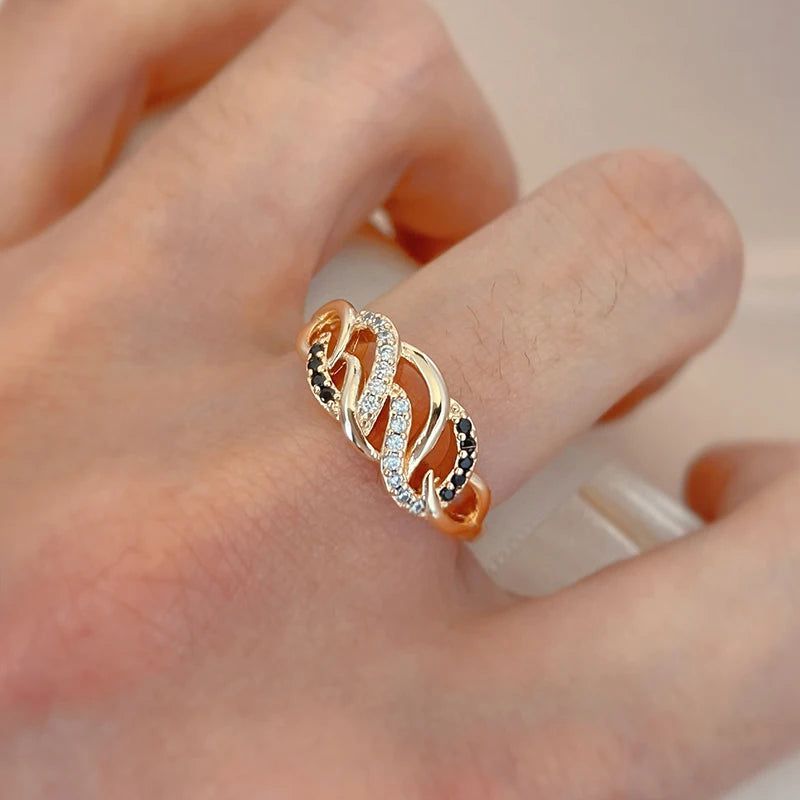 Sophisticated 585 Rose Gold Geometric Ring with Natural Black Zircon - Vintage Inspired Jewelry