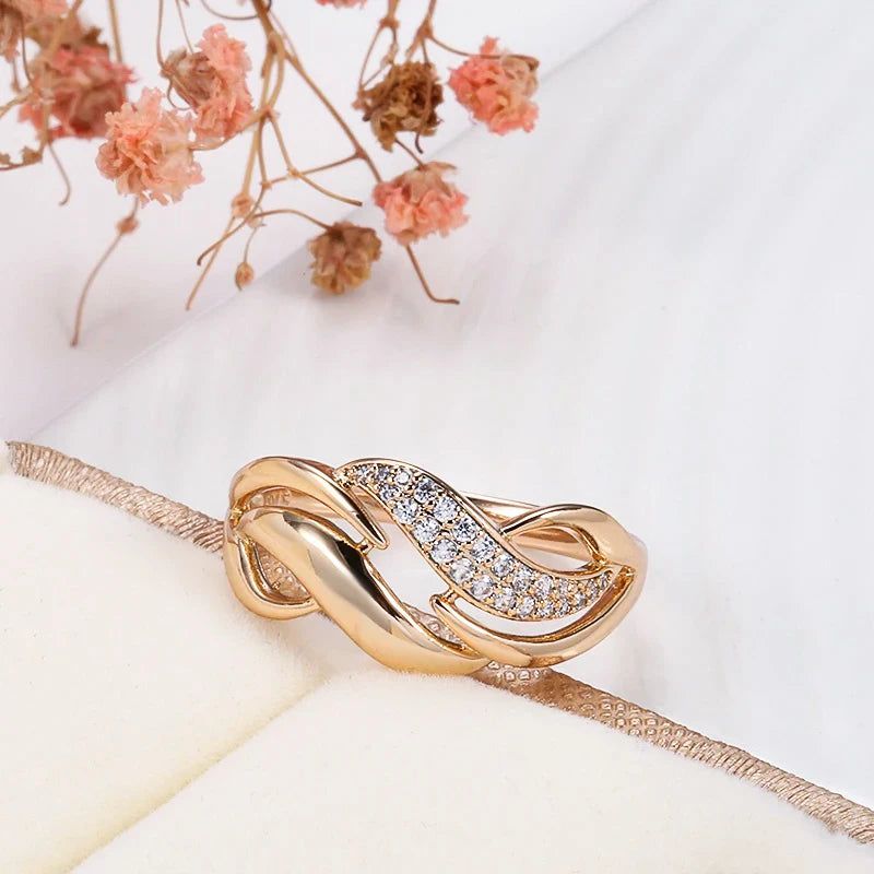 Sophisticated 585 Rose Gold Geometric Ring with Natural Zircon Accents