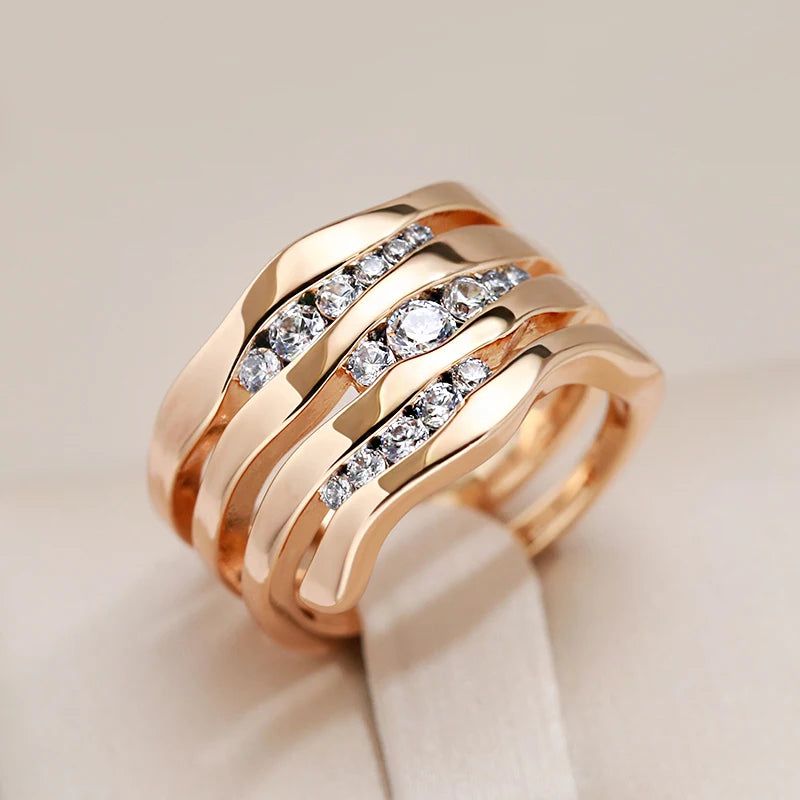 Sophisticated 585 Rose Gold Geometric Ring with Natural Zircon and Micro-Wax Inlay