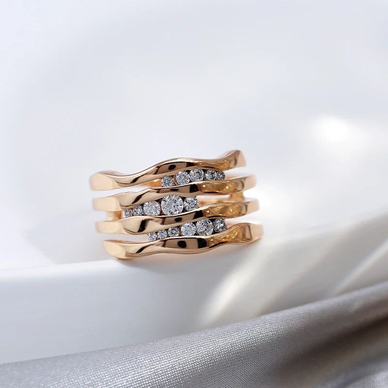 Sophisticated 585 Rose Gold Geometric Ring with Natural Zircon and Micro-Wax Inlay