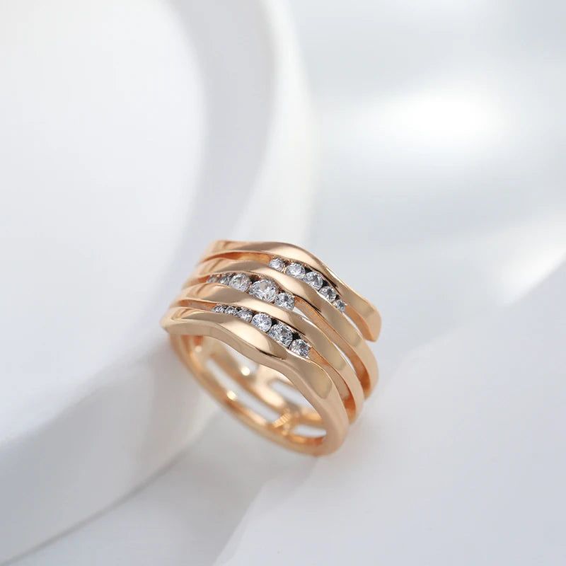 Sophisticated 585 Rose Gold Geometric Ring with Natural Zircon and Micro-Wax Inlay