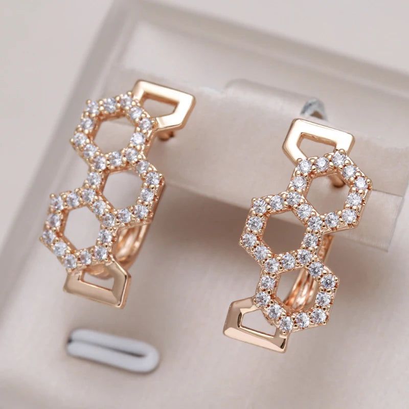 Sophisticated 585 Rose Gold Geometric Stud Earrings with Natural Cubic Zirconia