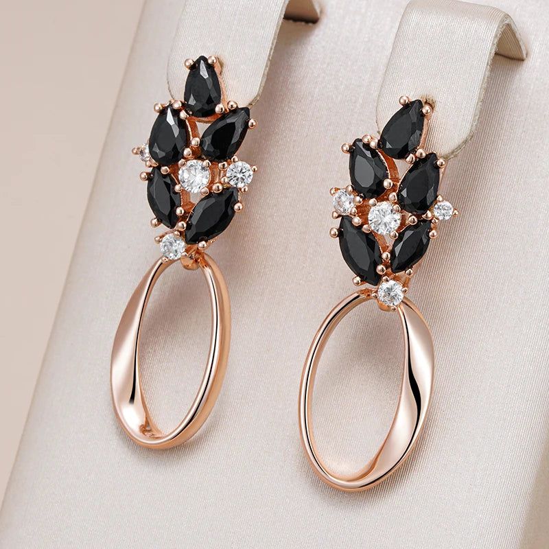 Sophisticated 585 Rose Gold Glossy Geometric Drop Earrings with Black Natural Zircon