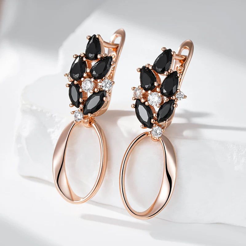 Sophisticated 585 Rose Gold Glossy Geometric Drop Earrings with Black Natural Zircon