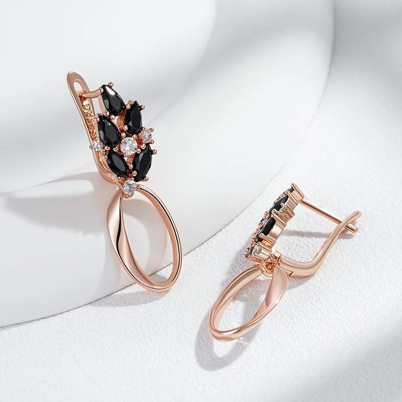 Sophisticated 585 Rose Gold Glossy Geometric Drop Earrings with Black Natural Zircon