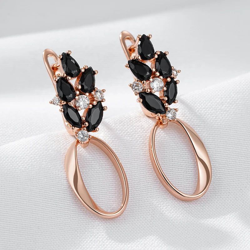 Sophisticated 585 Rose Gold Glossy Geometric Drop Earrings with Black Natural Zircon