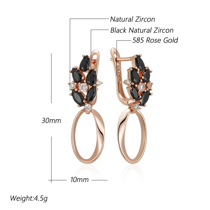 Sophisticated 585 Rose Gold Glossy Geometric Drop Earrings with Black Natural Zircon