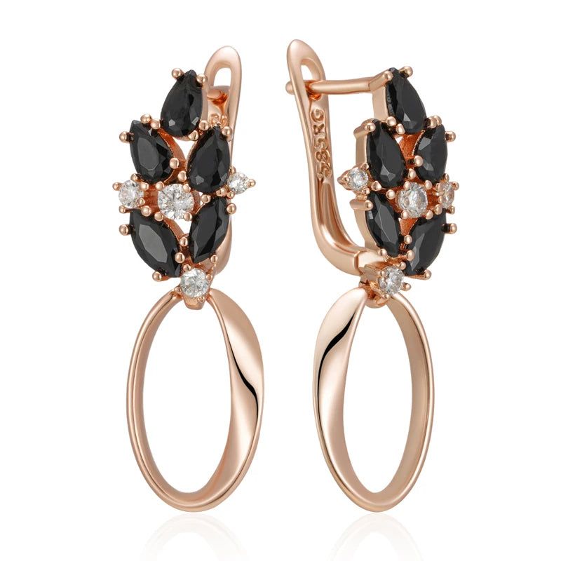 Sophisticated 585 Rose Gold Glossy Geometric Drop Earrings with Black Natural Zircon