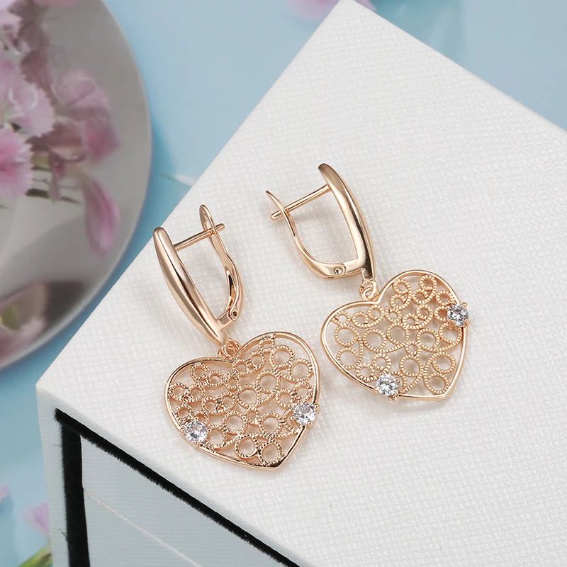 Sophisticated 585 Rose Gold Heart Drop Earrings with Unique Hollow Design and Natural Zircon Accents