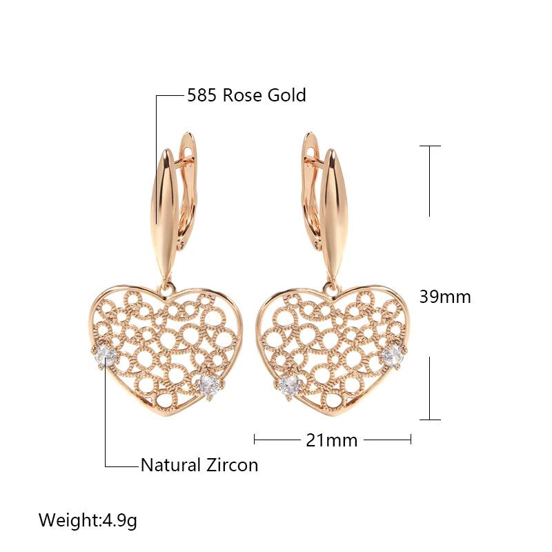 Sophisticated 585 Rose Gold Heart Drop Earrings with Unique Hollow Design and Natural Zircon Accents