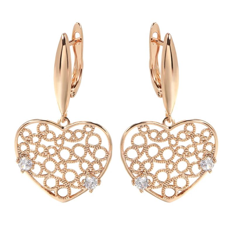 Sophisticated 585 Rose Gold Heart Drop Earrings with Unique Hollow Design and Natural Zircon Accents