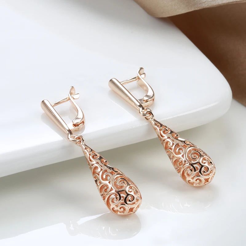 Sophisticated 585 Rose Gold Hollow Floral Dangle Earrings for Brides