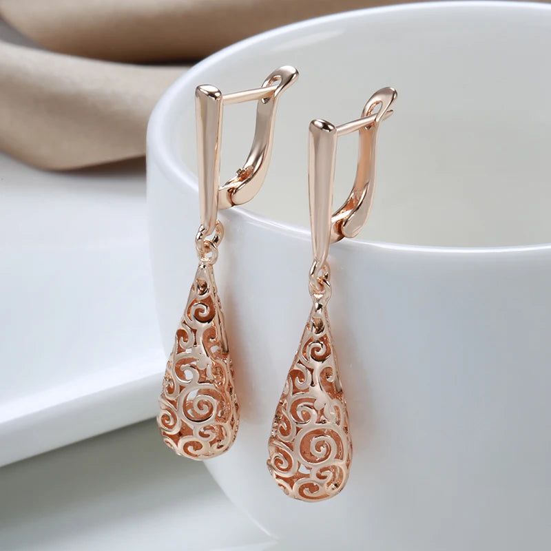 Sophisticated 585 Rose Gold Hollow Floral Dangle Earrings for Brides