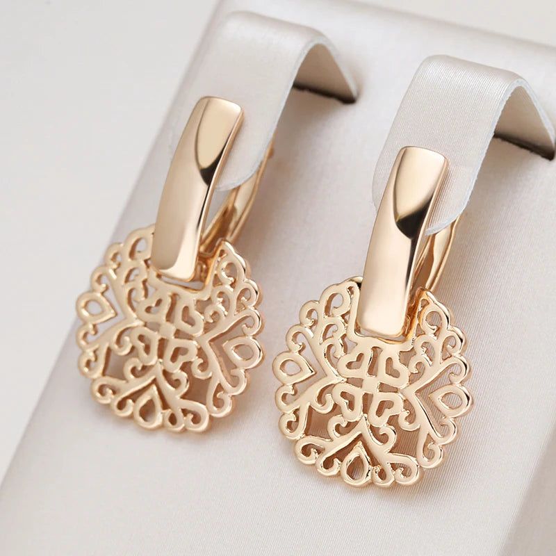 Sophisticated 585 Rose Gold Hollow Flower Drop Earrings - Trendy Square Glossy Fashion Jewelry