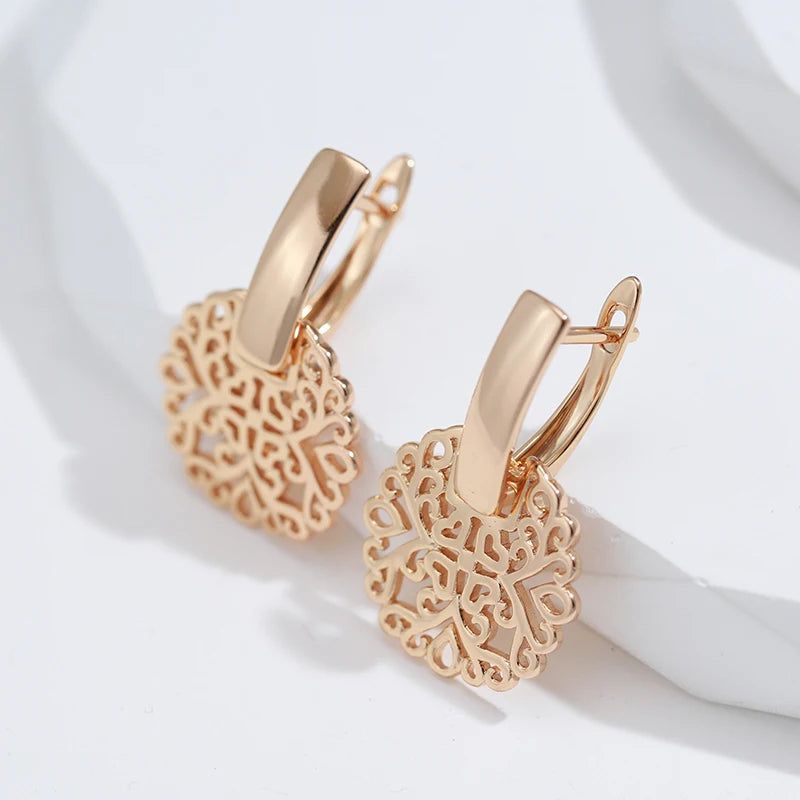 Sophisticated 585 Rose Gold Hollow Flower Drop Earrings - Trendy Square Glossy Fashion Jewelry