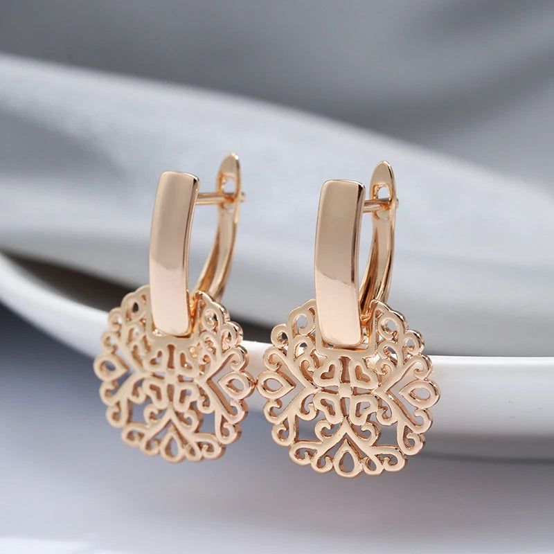 Sophisticated 585 Rose Gold Hollow Flower Drop Earrings - Trendy Square Glossy Fashion Jewelry