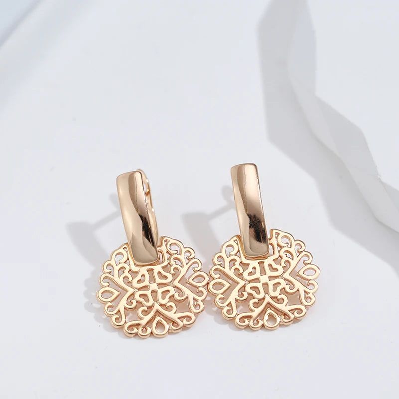 Sophisticated 585 Rose Gold Hollow Flower Drop Earrings - Trendy Square Glossy Fashion Jewelry