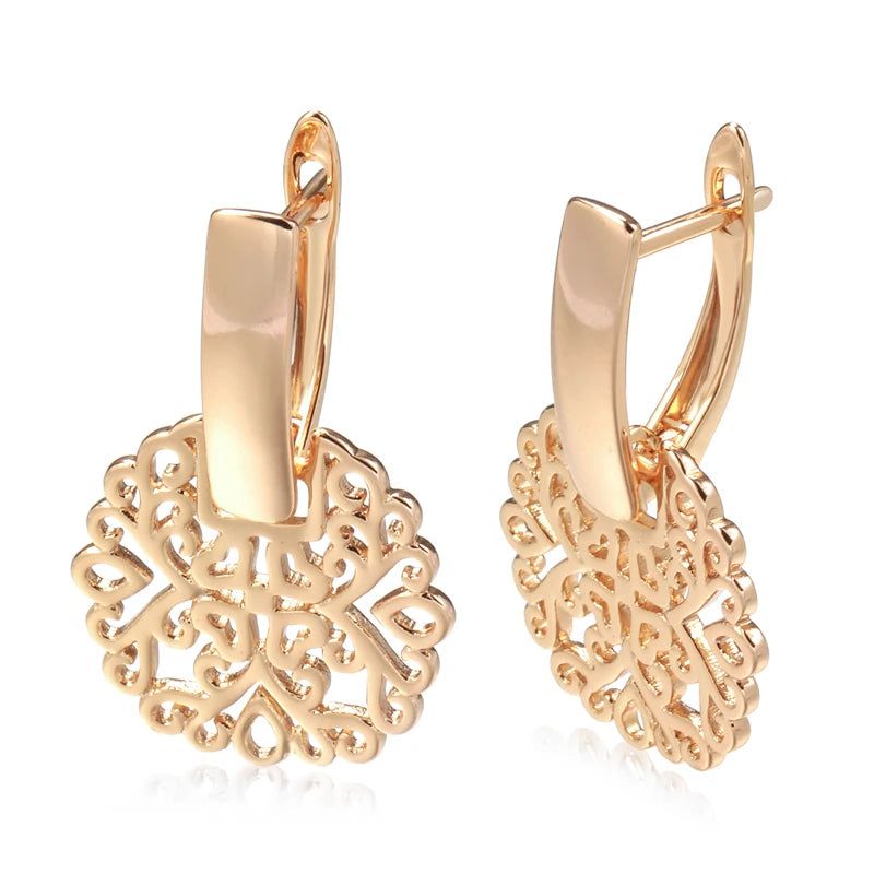 Sophisticated 585 Rose Gold Hollow Flower Drop Earrings - Trendy Square Glossy Fashion Jewelry