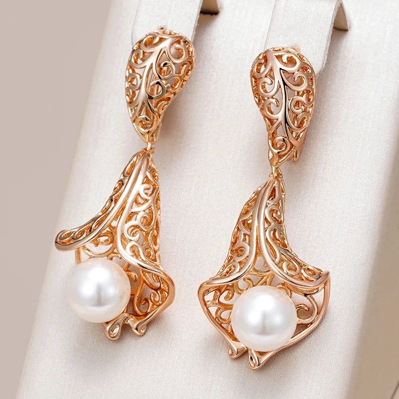 Sophisticated 585 Rose Gold Hollow Flower Pearl Drop Earrings - Bridal Jewelry Accessories