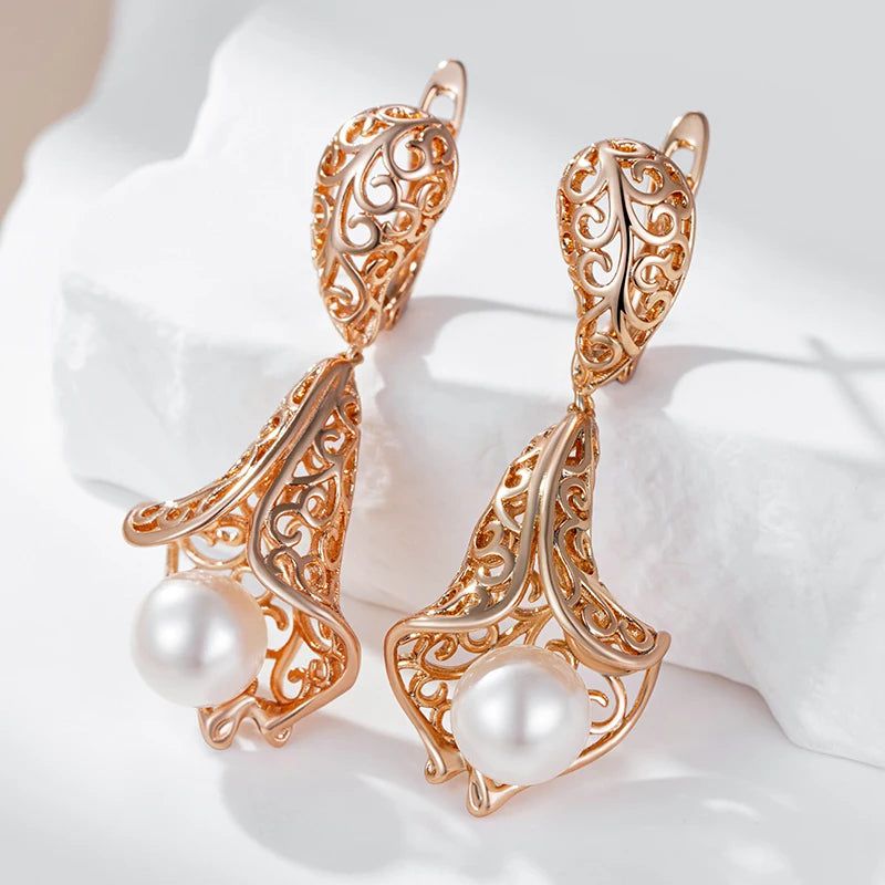 Sophisticated 585 Rose Gold Hollow Flower Pearl Drop Earrings - Bridal Jewelry Accessories