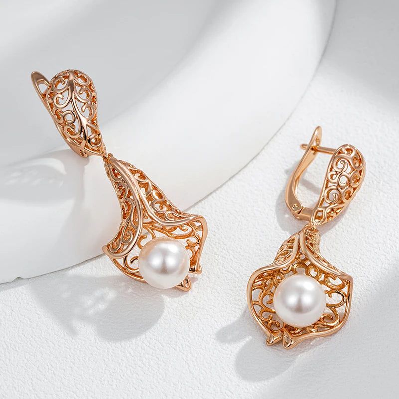 Sophisticated 585 Rose Gold Hollow Flower Pearl Drop Earrings - Bridal Jewelry Accessories