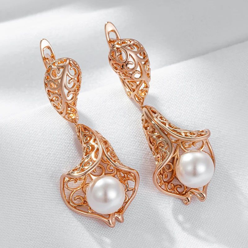 Sophisticated 585 Rose Gold Hollow Flower Pearl Drop Earrings - Bridal Jewelry Accessories