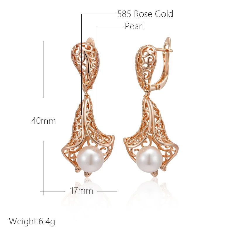 Sophisticated 585 Rose Gold Hollow Flower Pearl Drop Earrings - Bridal Jewelry Accessories