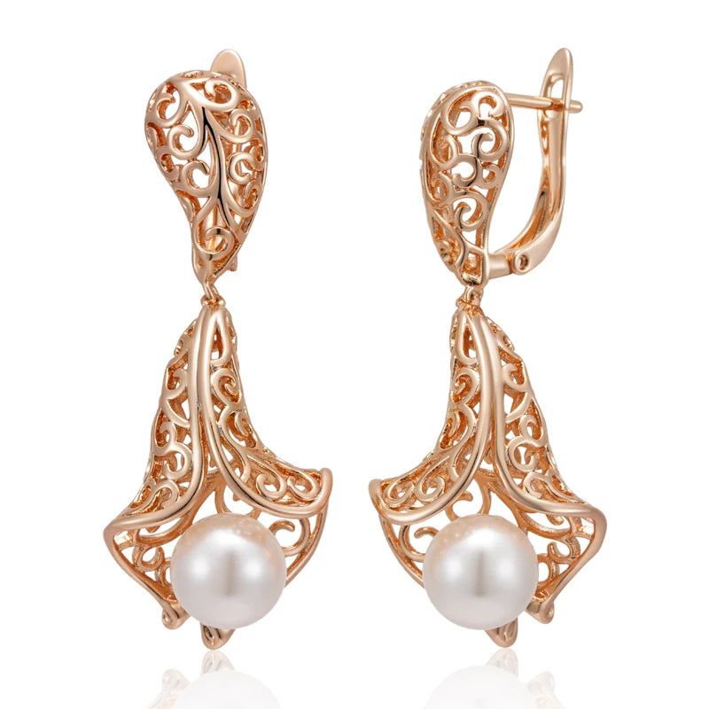 Sophisticated 585 Rose Gold Hollow Flower Pearl Drop Earrings - Bridal Jewelry Accessories