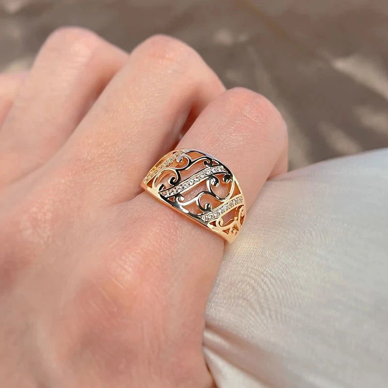 Sophisticated 585 Rose Gold Hollow Flower Ring with Natural Zircon Accents