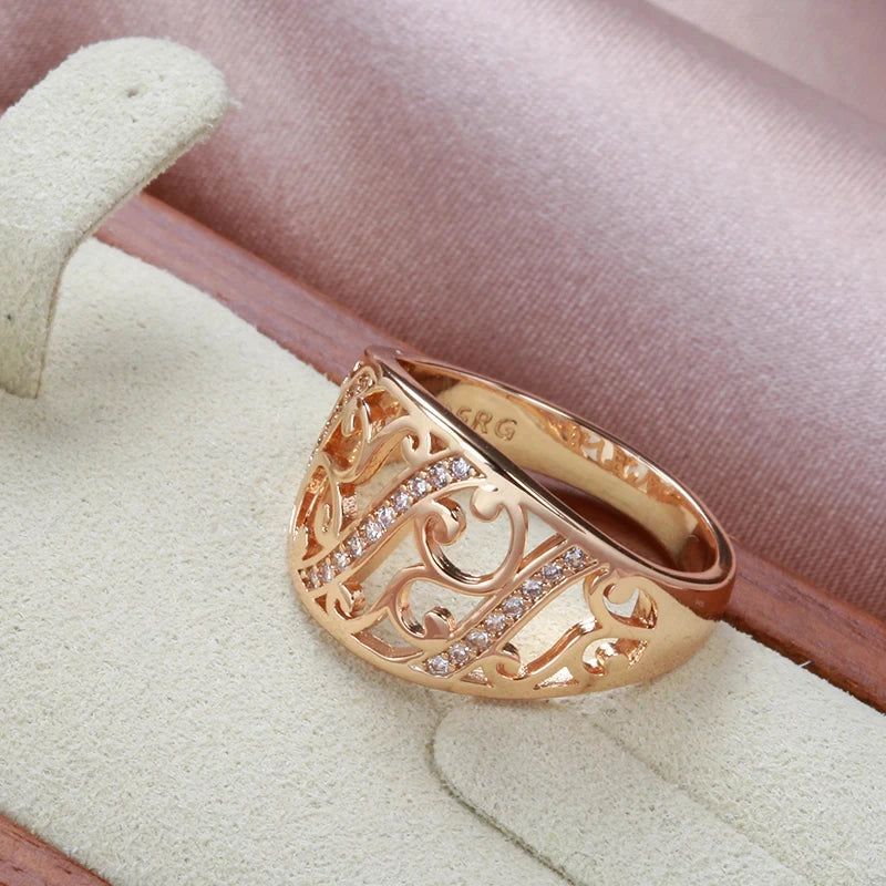 Sophisticated 585 Rose Gold Hollow Flower Ring with Natural Zircon Accents