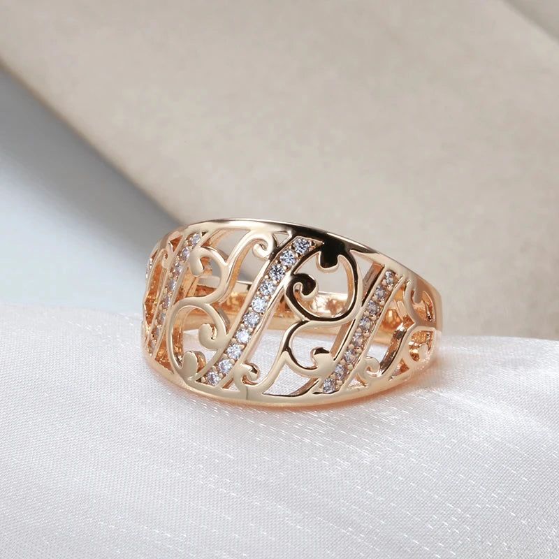 Sophisticated 585 Rose Gold Hollow Flower Ring with Natural Zircon Accents