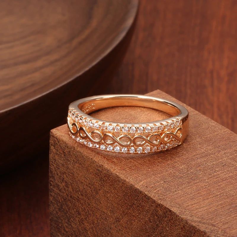 Sophisticated 585 Rose Gold Hollow Pattern Ring with Natural Zircon for Special Occasions