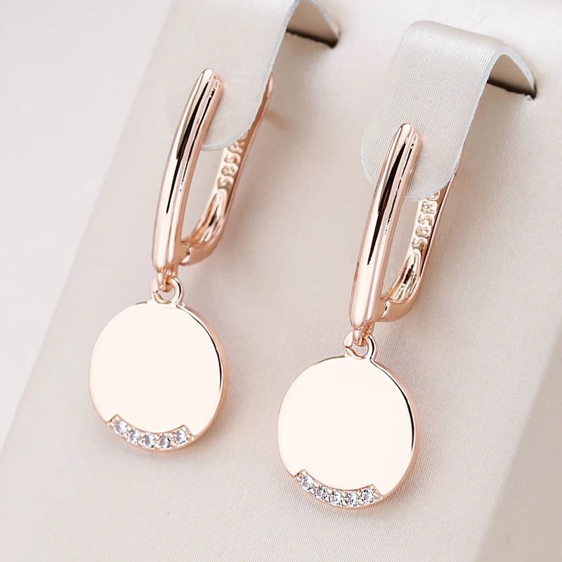 Sophisticated 585 Rose Gold Round Coin Dangle Earrings with Natural Zircon for Fashion-forward Elegance